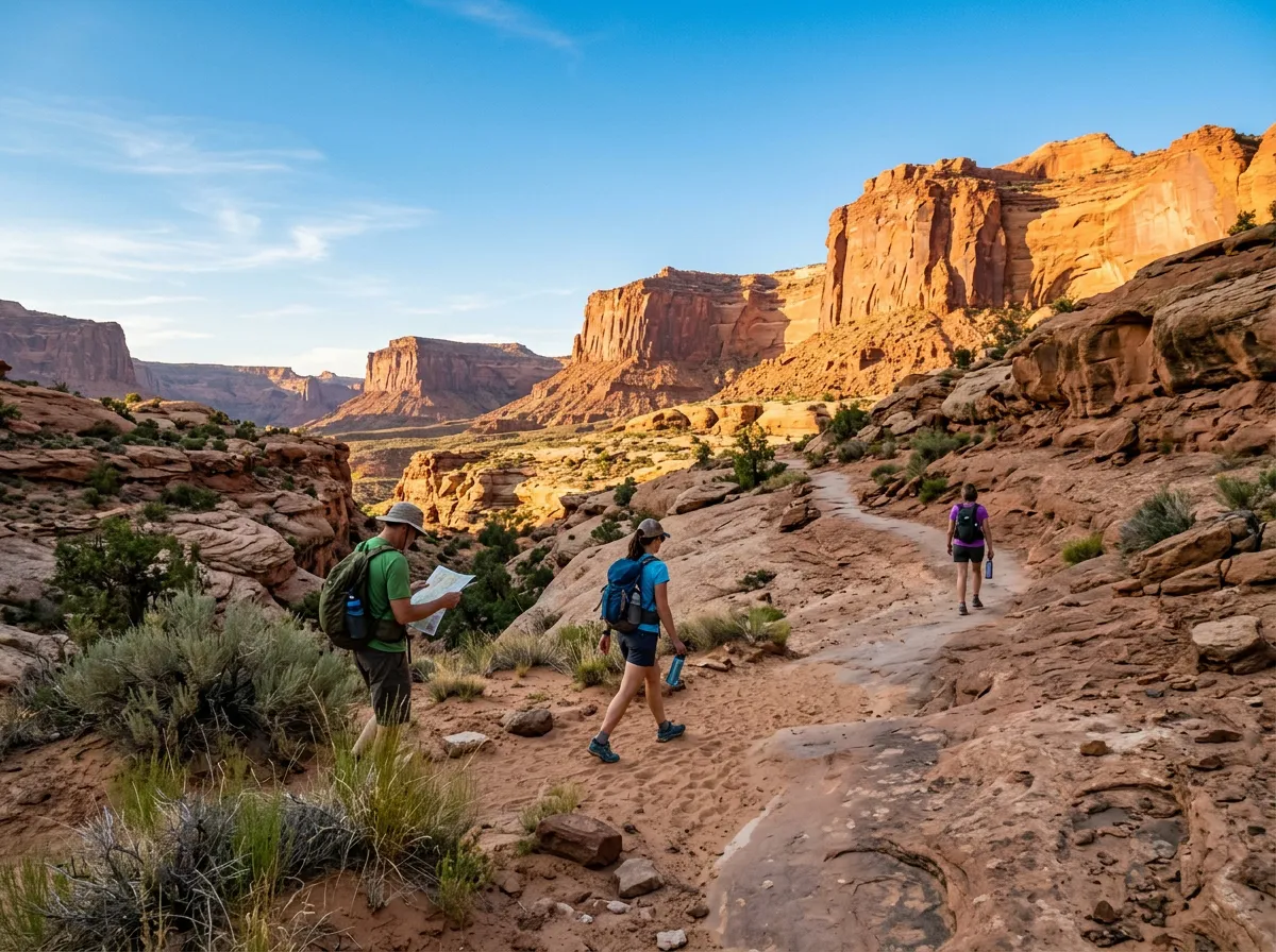 A group of hikers walking on a sandy red rock trail in Moab with massive stone formations towering behind them under a clear blue sky, showing the scale and beauty of Moab's hiking landscape.