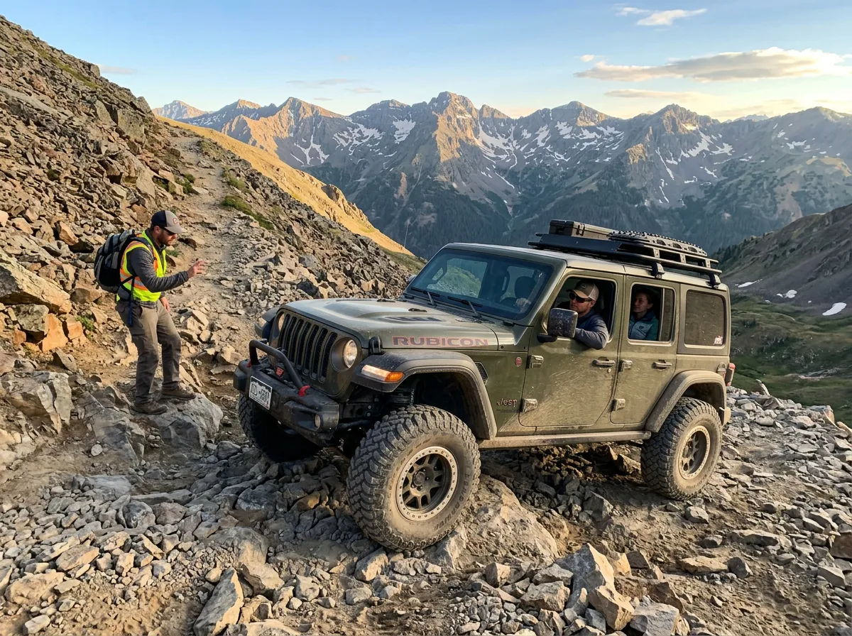 A Jeep navigating a steep, technical switchback on Cinnamon Pass Colorado's high alpine terrain with dramatic San Juan Mountains in the background.