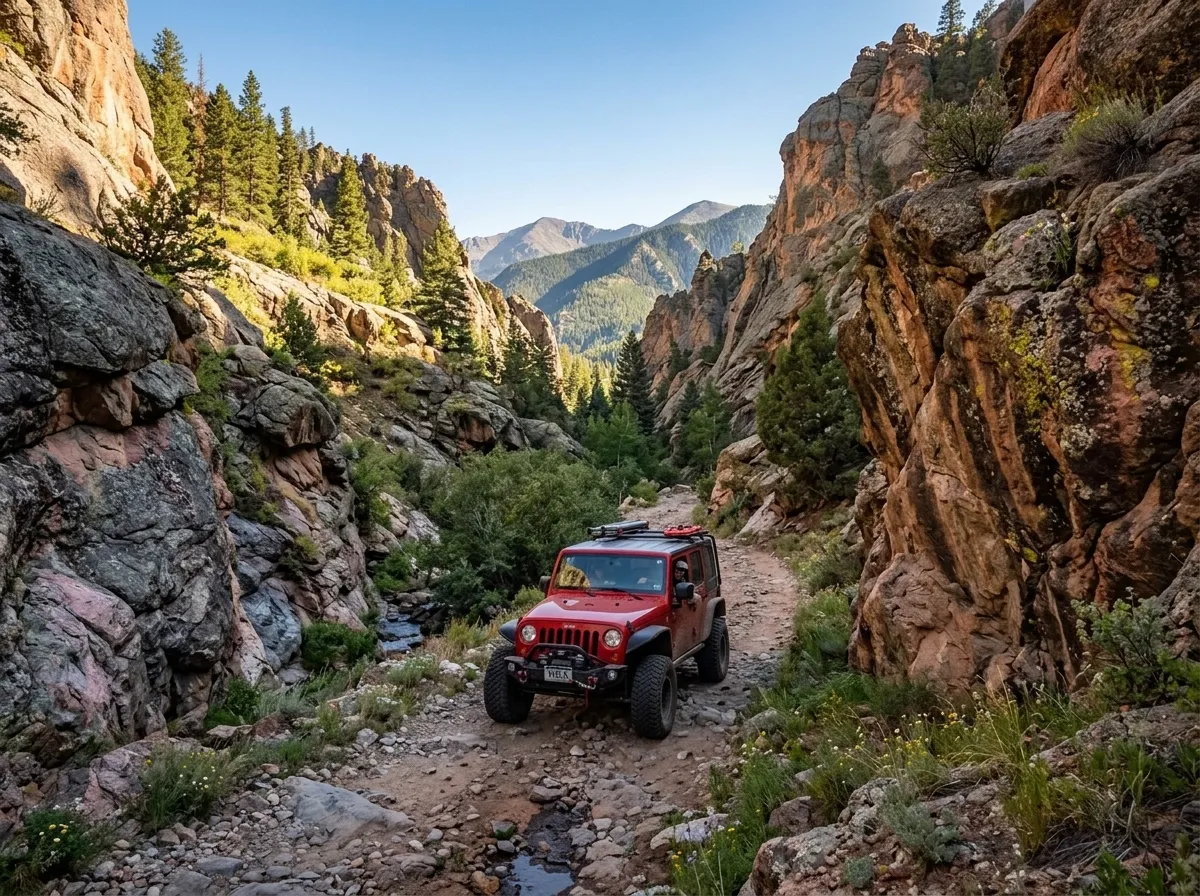 A red Jeep Wrangler navigating through a narrow Box Canyon slot canyon in Colorado, with towering rock walls rising vertically on both sides just feet away, the vehicle positioned on technical rocky terrain with golden sunlight streaming down through the narrow opening above.